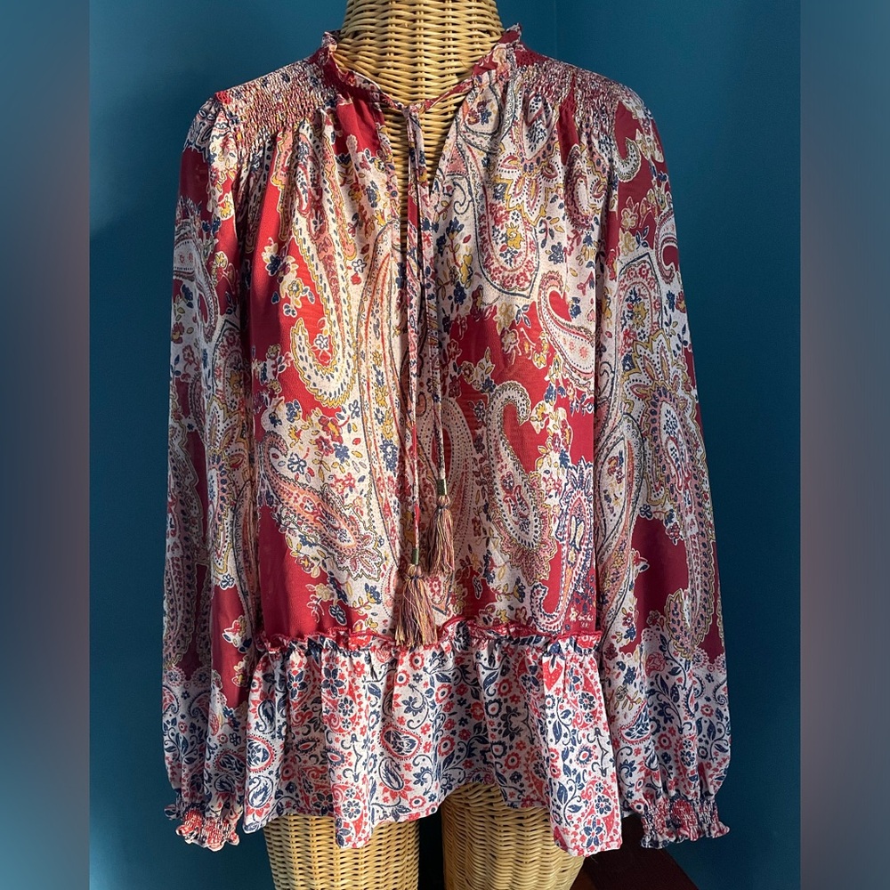 Knox Rose Boho Women’s Top Long Sleeve Tassle Tie Front Colorful Ruffles Small